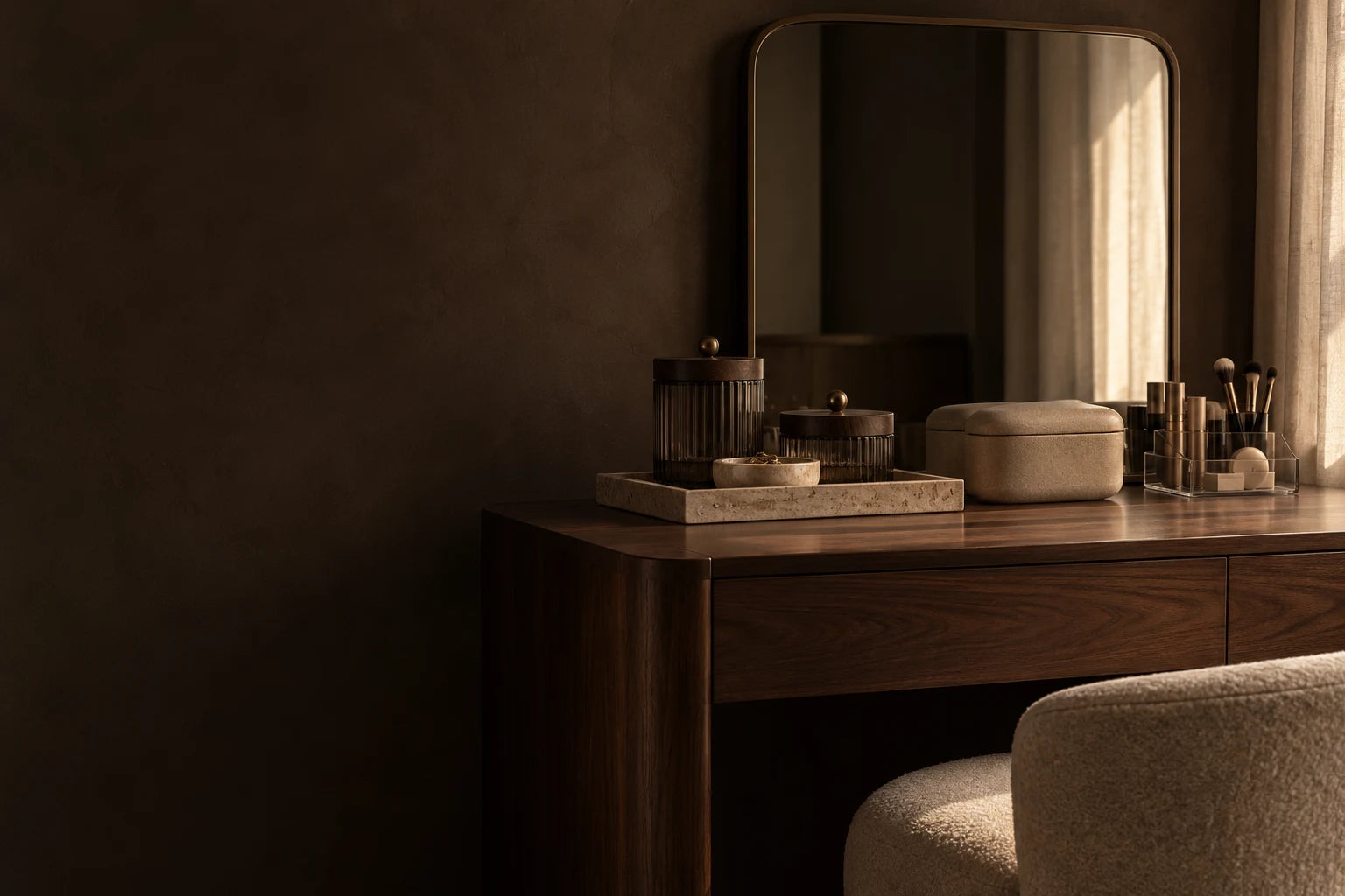 An organized vanity in warm neutral tones